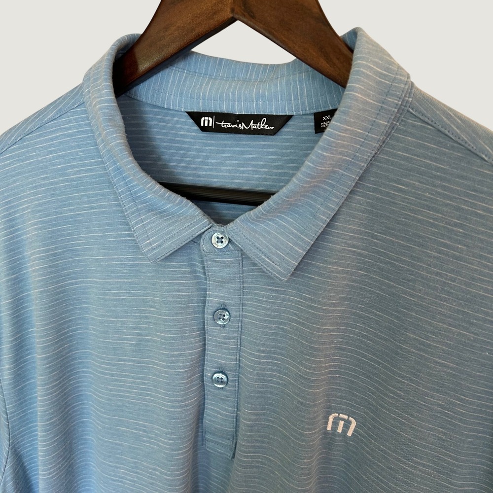 TravisMathew Mens XXL Blue Heathered Stripe Polo Newton Country Club Golf Shirt